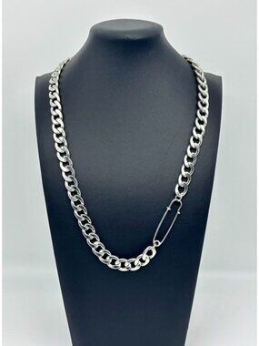 Chunky Silver-Tone Cuban Link Chain Necklace W/Faux Safety Pin Accent Adjustable